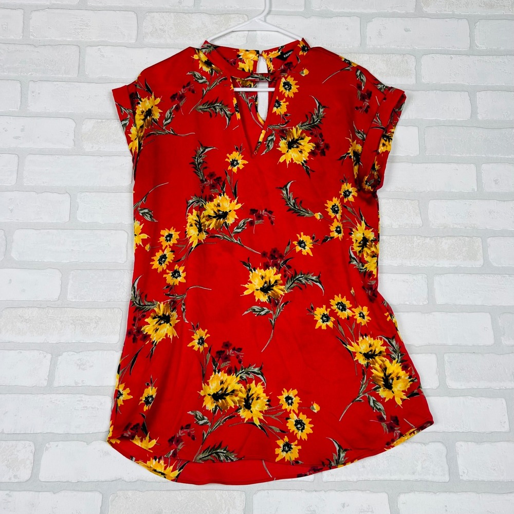 Express Womens Red Yellow Sunflower Floral Keyhole Mock Neck Blouse Size M
